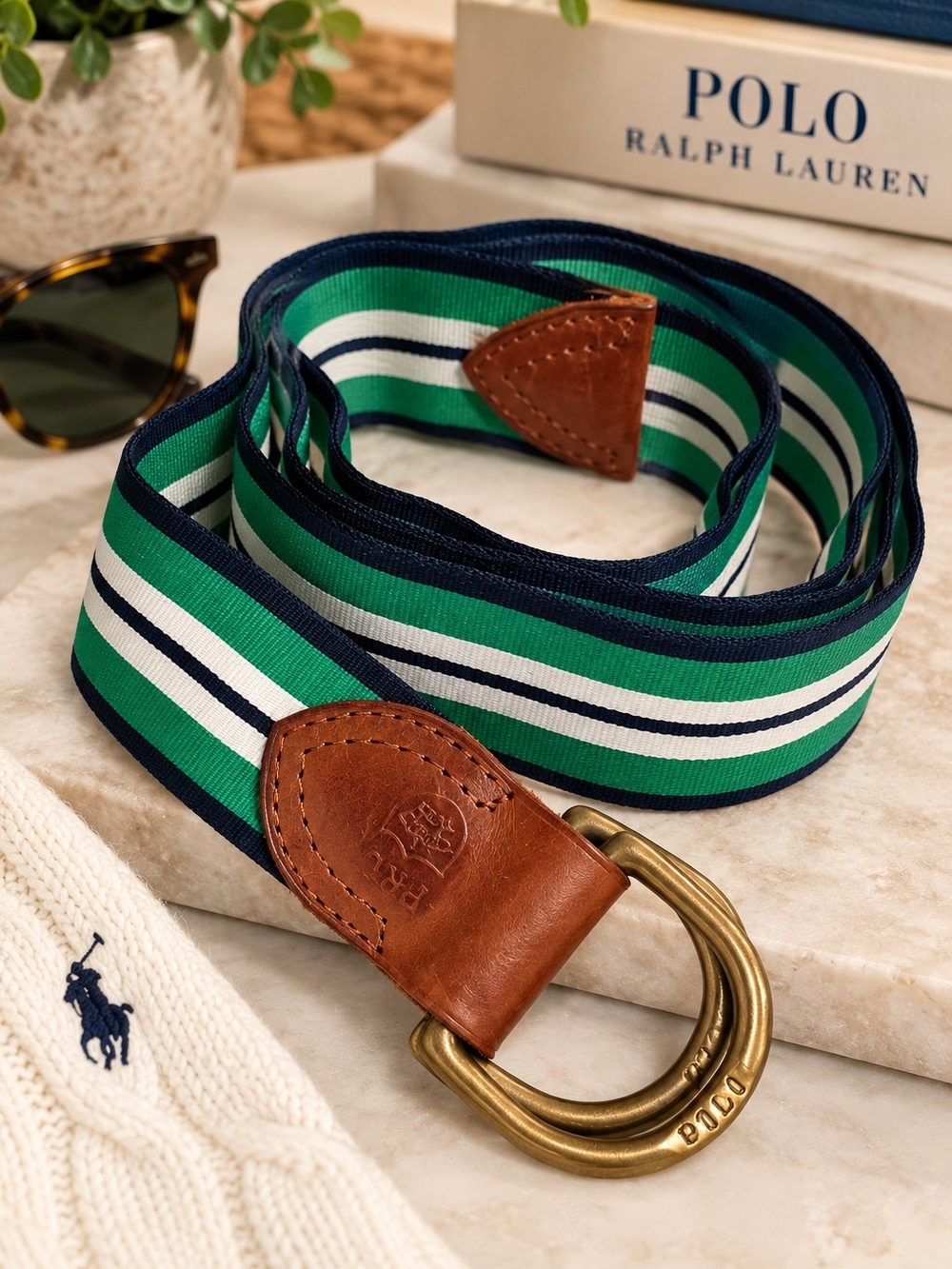 Polo Ralph Lauren Striped Web Belt Leather Brass Double D-Ring Green Navy 42"